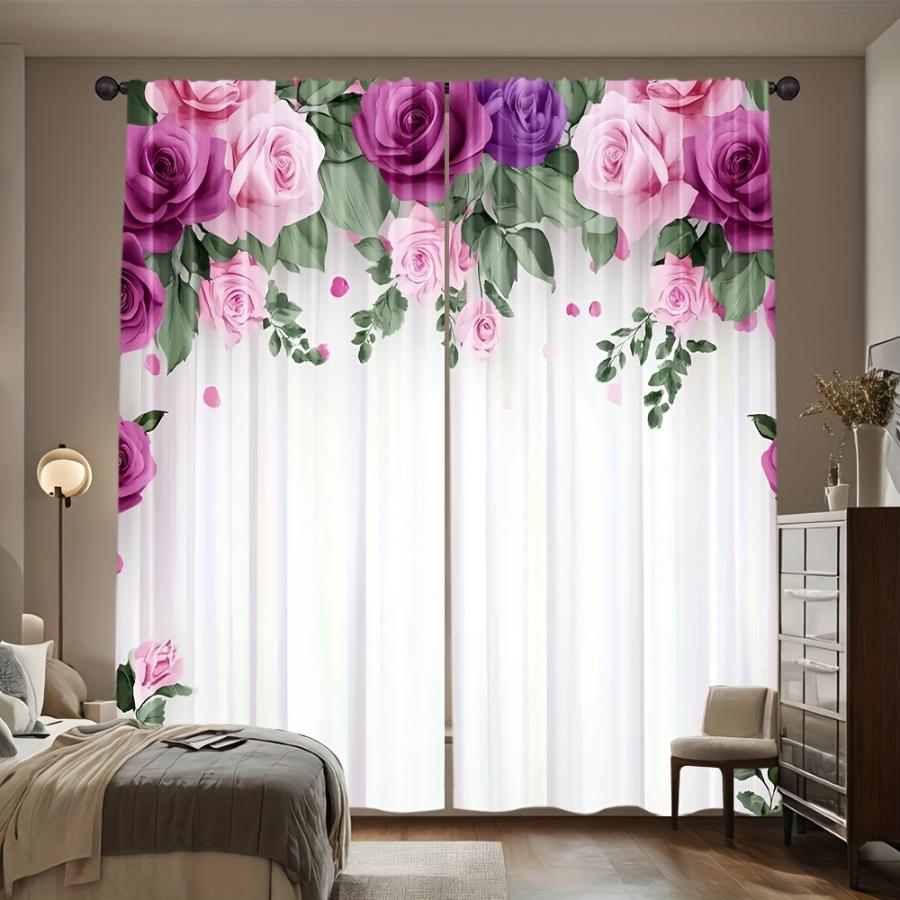 2PCS Digital Printed Curtains, Dream Fallen Rose Pattern, Artistic Pattern Window Drapes for Living Room Bedroom Decor
