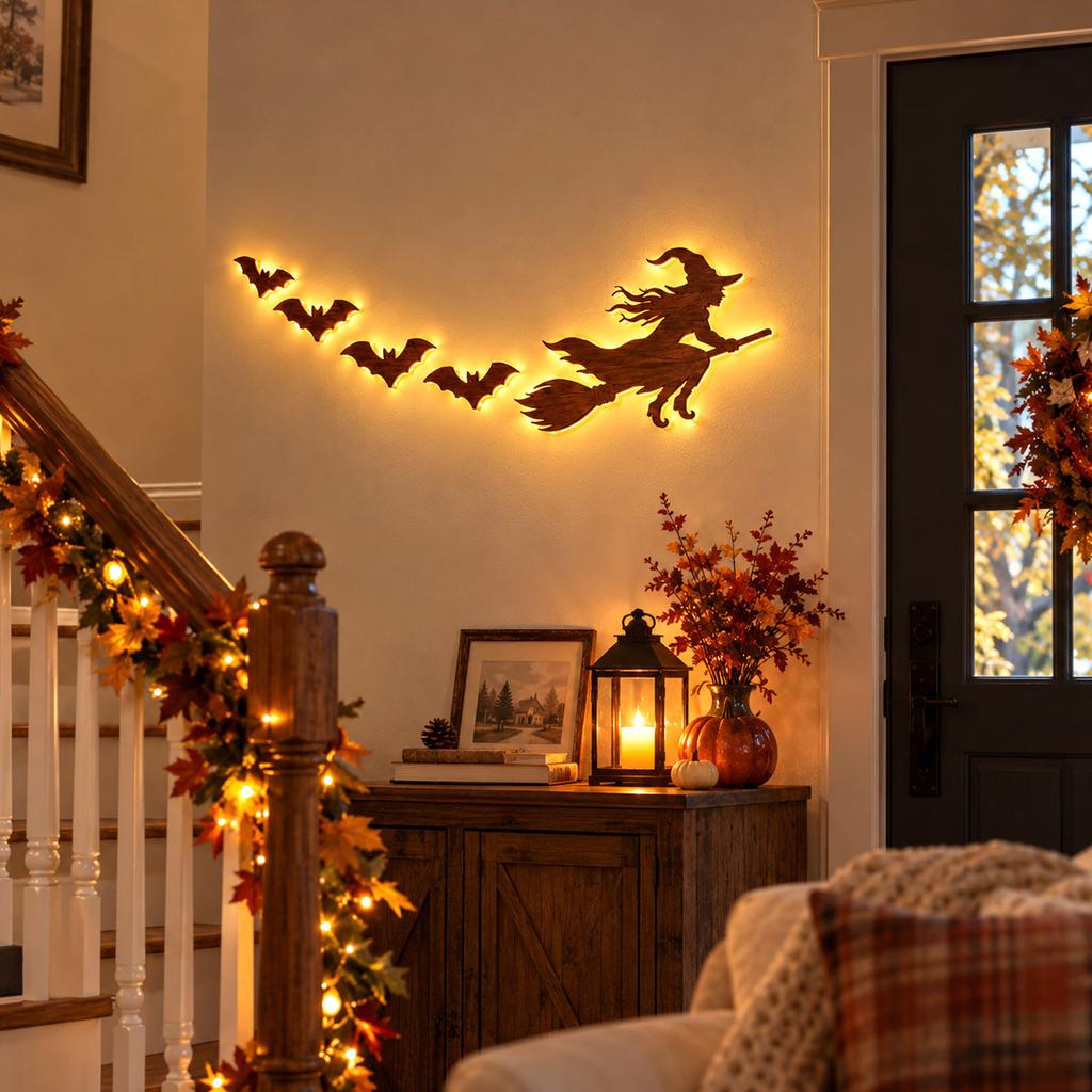 Halloween Glowing Wall Decor Set with Flying Witch and Bats, 5 for Holiday Decor