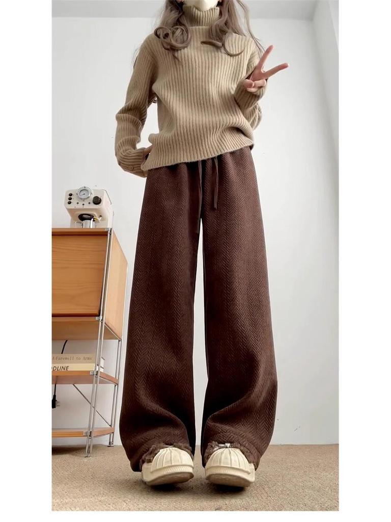 Pantalones de Café de Pierna Ancha y Cintura Alta para Mujer - Versátiles para Primavera, Otoño e Invierno con Terciopelo Plus, Corte Holgado, Estilo Casual Drapeado.