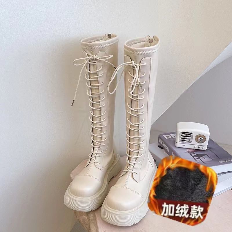 Stövlar Damstövlar Nytt på hösten och vintern Vita Plattformstövlar Fleece Snörning Höga Martin-stövlar