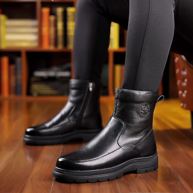 Cizme de iarnă pentru bărbați din piele naturală de vaca Cizme de zăpadă din piele naturală, calde, antiderapante, din bumbac, pentru bărbați