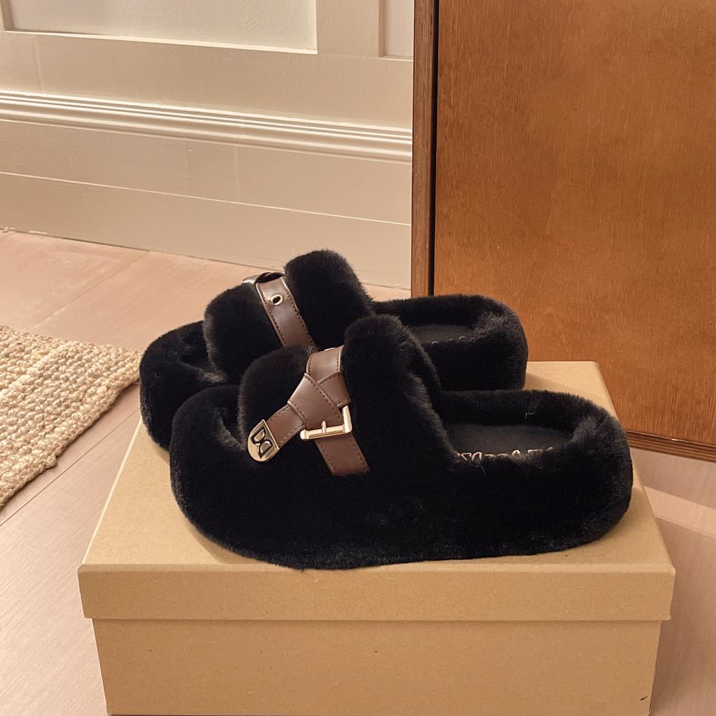Fashion Fluffy Slippers Women Wear Autumn and Winter New Style Belt Buckle Thick Bottom Heightening One-word Cotton Slippers