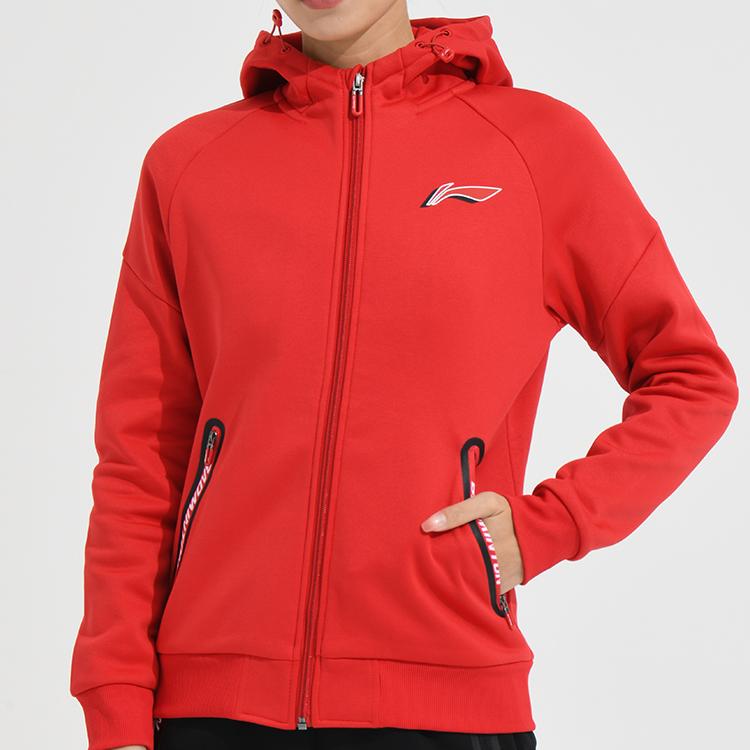Li Ning Badminton Series Solid Color Printed Logo Zipper Hoodie Fleece Long Sleeve Sweatshirt Women Sweatshirt Crimson-Red AWDSA04-3