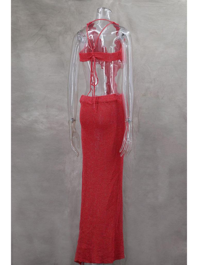 Spring/Summer Deep V Cut-Out Lurex Hand-Crocheted Knit Dress with Lace-Up Slit
