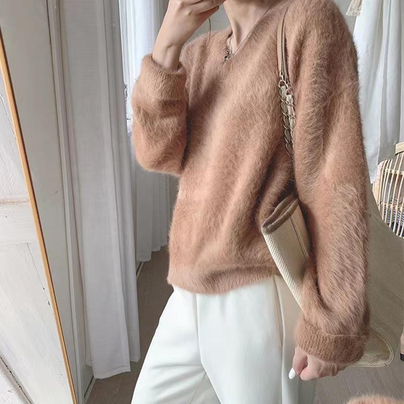 New Autumn and Winter Soft Long Sleeve Pullover Sweater for Women Fashion Loose Casual V-neck Knitted Sweaters Women Elegant Vintage Jumpers 25291
