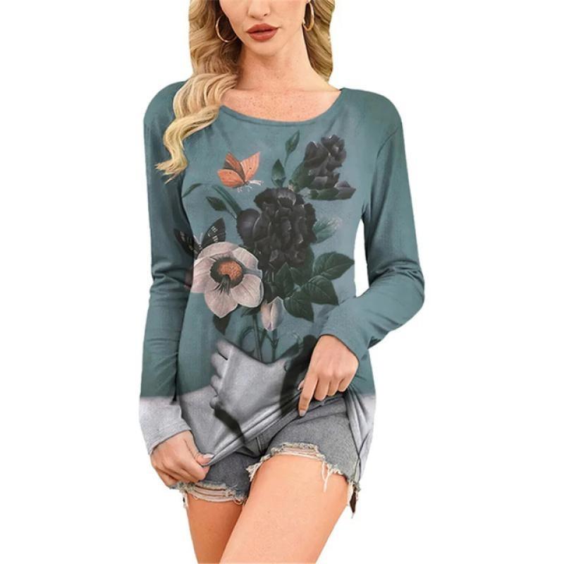 European and American Fashion Oil Painting Style Printed Casual Long Sleeved T-shirt O Neck Oversized Tees Tops Women's Clothing