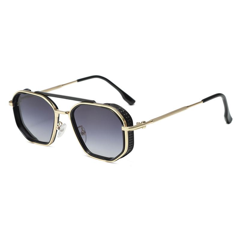 Double beam metal punk sunglasses men's, women's retro ins style European and American ink polygon personalized glasses