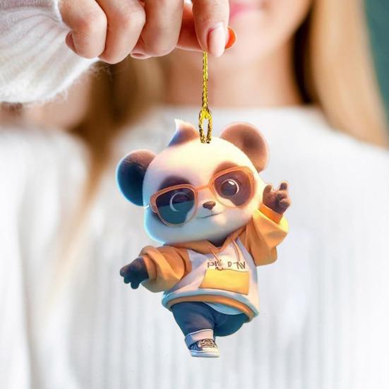 Panda Christmas Ornament 2D Acrylic Cartoon Panda Christmas Tree Hanging Ornament Cute Car Interior Accessories for Car Rear View Mirror Xmas
