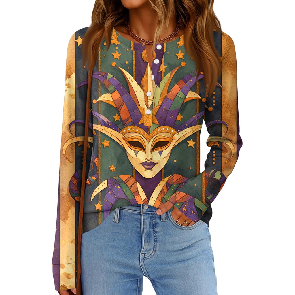 Women's Fashionable Loose Long Sleeved Carnival Printed Casual Top