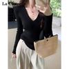La Chapelle Women's Slim-Fit Long Sleeve V-Neck Knit Base Layer