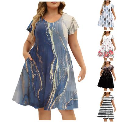 Summer Beach Dress For Women Plus Size Loose  V-Neck Tunic Ruffle Short Sleeve A-Line Comfortable Large Hem Dress