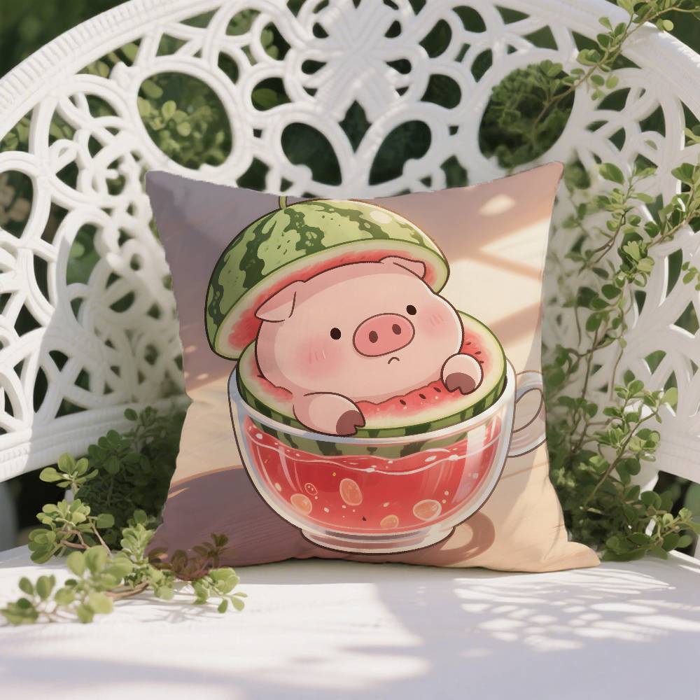 Happy Accompanying Pig Summer Pattern Pillow Case Anti-dustmite Pillowcase Invisible Zipper Silky Short Plush Sofa Cushion Cover