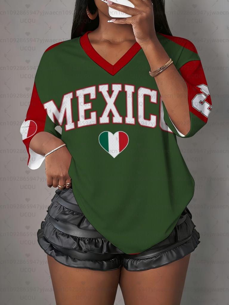 Women's Mexico Print V-Neck Short Sleeve T-Shirt Summer Graphic Tee Sport Jerseys Plus Size Men's T-Shirt