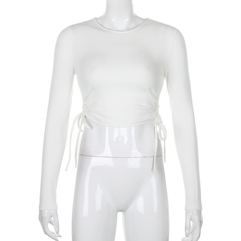 Top corto aderente a maniche lunghe con scollo a V sexy T-shirt lavorata a maglia con fasciatura irregolare con coulisse da donna