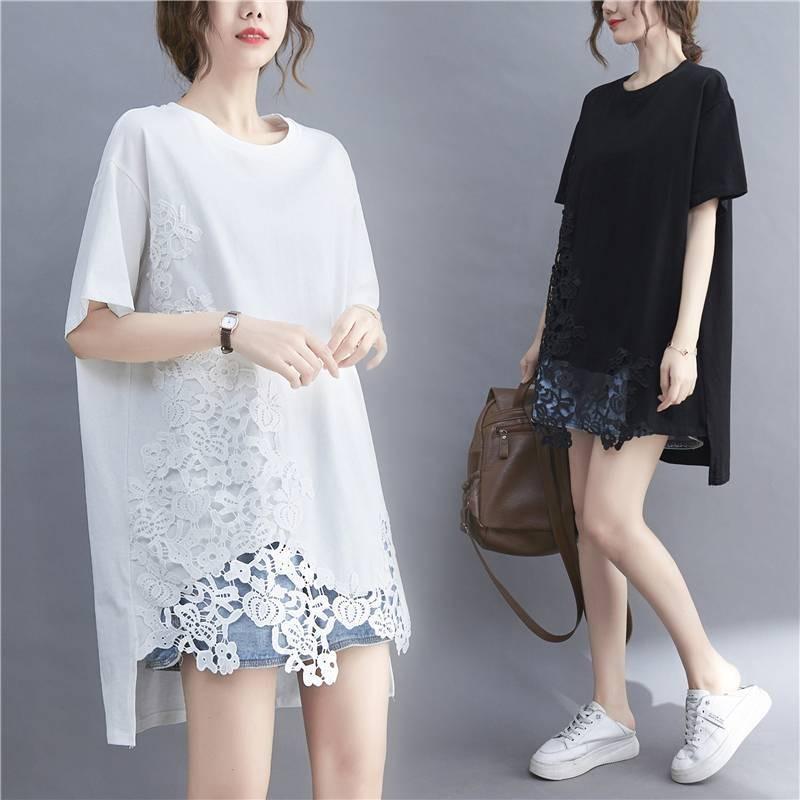 

Summer Women s Loose T-Shirt Dress Asymmetric Hem Lace Patchwork Crew Neck Short Sleeve Casual OneSize