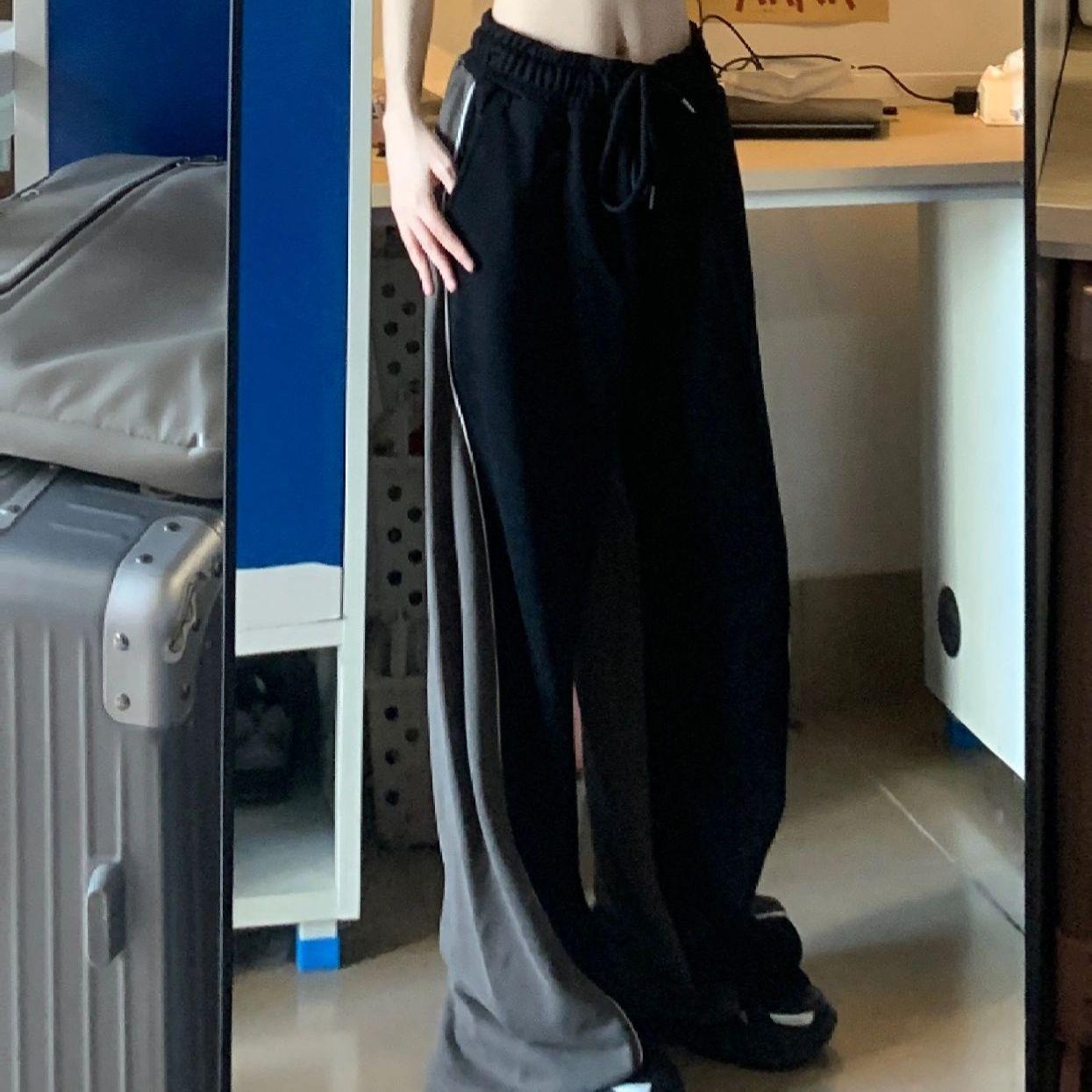 

Женские осенне-зимние спортивные повседневные брюки контрастного цвета, прямые длинные брюки, свободные брюки больших размеров с широкими штанинами L чёрный