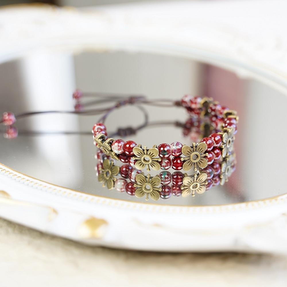 Cute Trendy Four-leaf Flower Double Layer Beaded Ceramic Bracelet for Women Charm  Adjustable Handmade Rope Weaving Jewelry Gift
