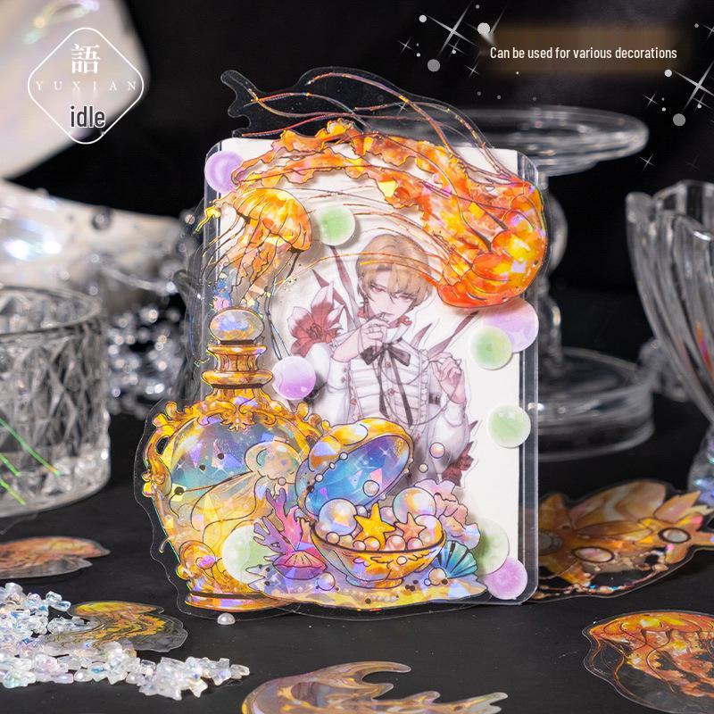 Yuxian Seashell Light Gold PET Sticker Pack: Crystal Tide Series - 20 Pieces, 4 Styles, Jellyfish Collage Material.