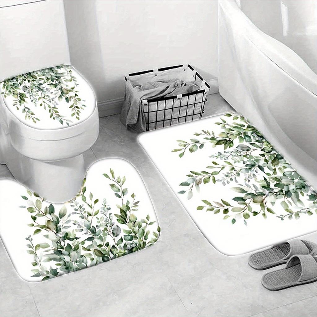 Set Of 4 Green Leaves, Waterfall, Simple Pattern Shower Curtains With Hooks, Bathroom Divider Curtains, Machine Washable