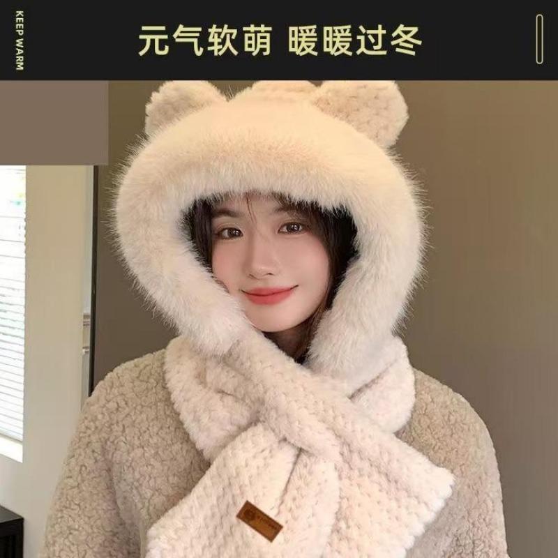 Winter New Cute Fluffy Integrated Hat Thickened Warm Cycling Plush Hat Two-piece Set Scarf Ear Protection Women's Hat