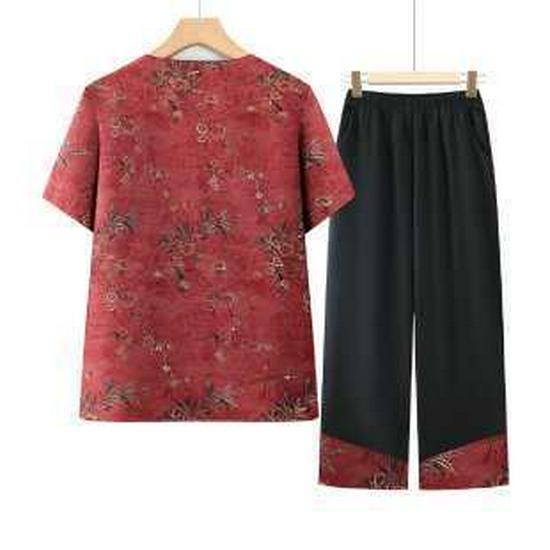 

Elegant Chinese-Style Plus Size Tang Suit: Old Lady’s Short-Sleeved Cardigan Two-Piece Summer Set 2XL красный