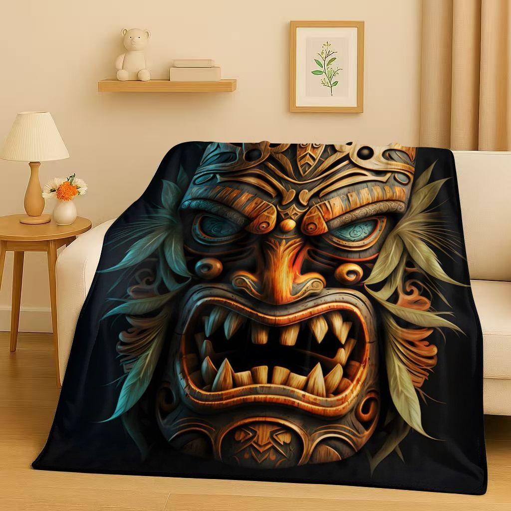 Retro Aztec Totem Maya Mask Sun God Flannel Blanket,Ultra Soft Warm Plush Throw for Home Bedroom Bed Sofa Cover Office Gift Kids