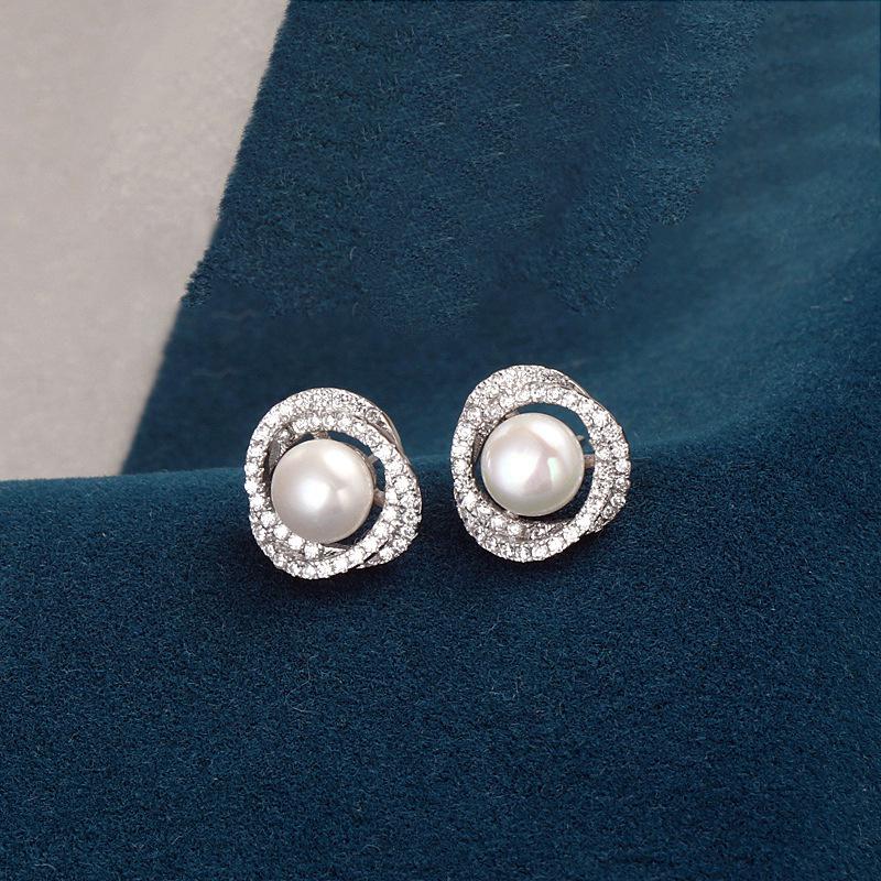 S925 Sterling Silver Diamond-Inlaid Rose Pearl Stud Earrings - Women’s Japanese Korean Niche Luxury, Comfortable for Sleeping with Pierced Ears