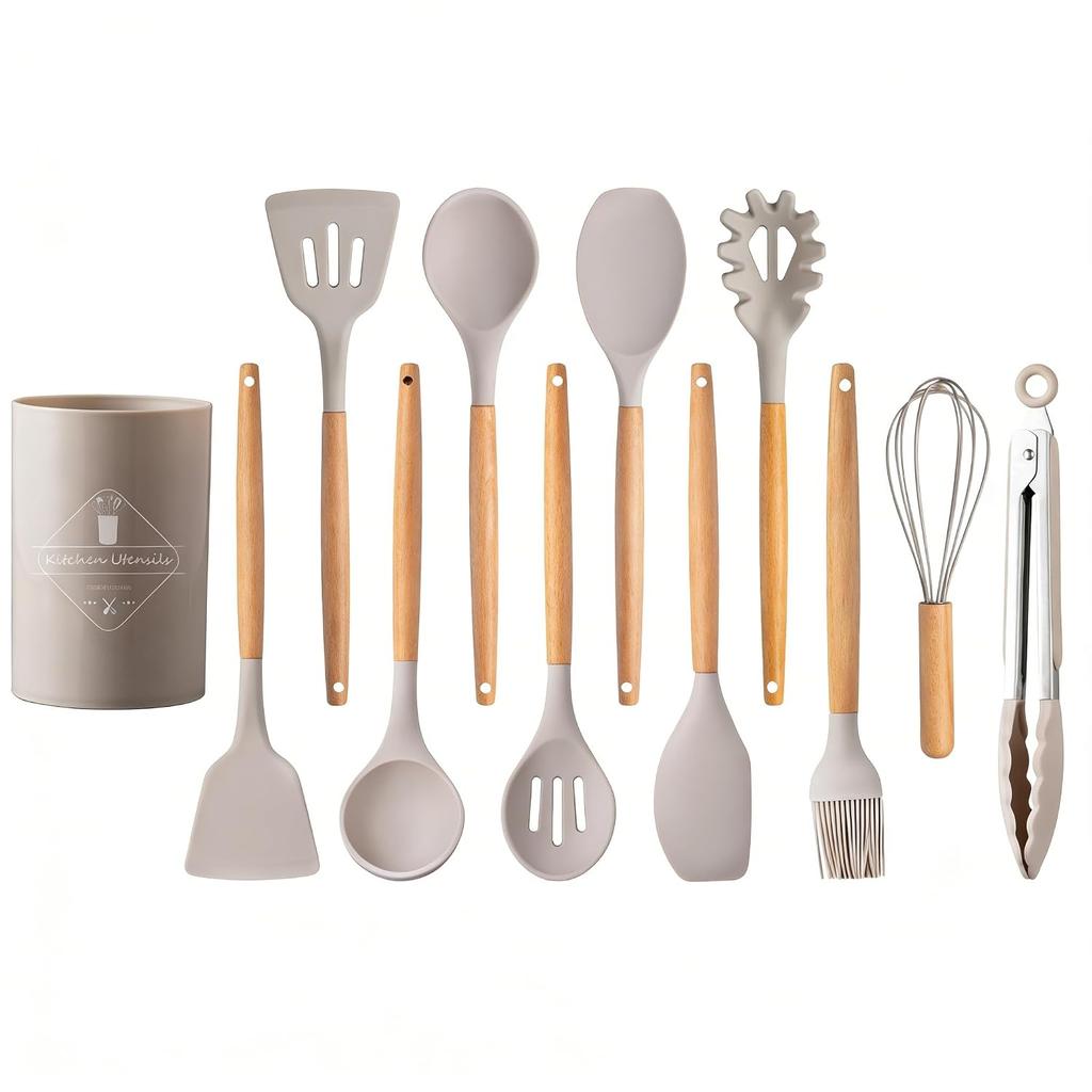 12-piece Set Kitchen Supplies Silicone Cooking Utensils Storage Bucket Spatula Ladle Tongs Whisk Turner Brush Shallow Spoon Egg Beater Tool Stand Safe