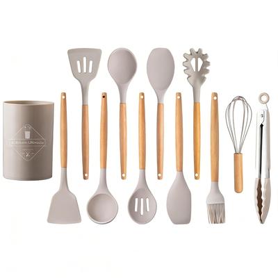 12-piece Set Kitchen Supplies Silicone Cooking Utensils Storage Bucket Spatula Ladle Tongs Whisk Turner Brush Shallow Spoon Egg Beater Tool Stand Safe