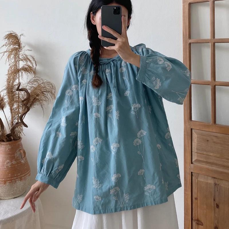 Johnature Vintage Stickerei Tops Blusen Frühling Herbst Casual Volle Hülse Weibliche Shirts