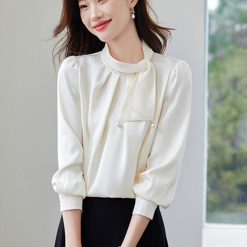 Women Blouses Shirts 2025 Spring Long Sleeve Women Blouse Shirt Bow Collar Solid Elegant Blouse Shirt Women Tops J909