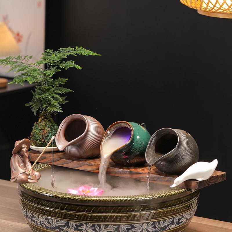 Ancient Method Fish Ecosystem: Flowing Water Pottery Jar with Open Circulation for Creative Landscaping and Balcony Décor.