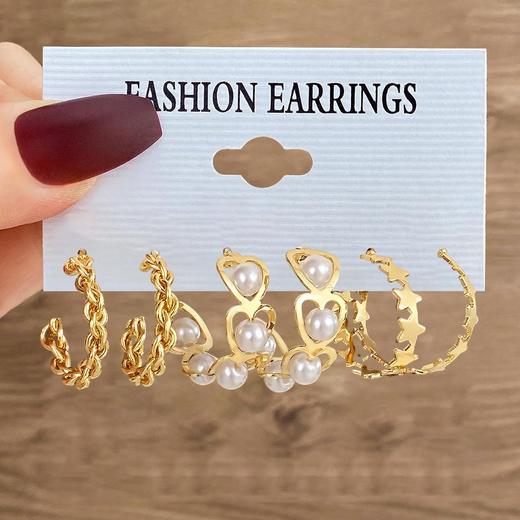 Inlaid Pearl Butterfly Earrings Premium Earrings Retro Metal 6 Set Earrings Combination Women