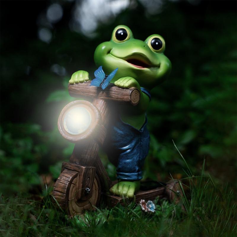 1pc Outdoor Garden Balcony Villa Ornament Solar Frog Cycling Lighting Crafts Ornament