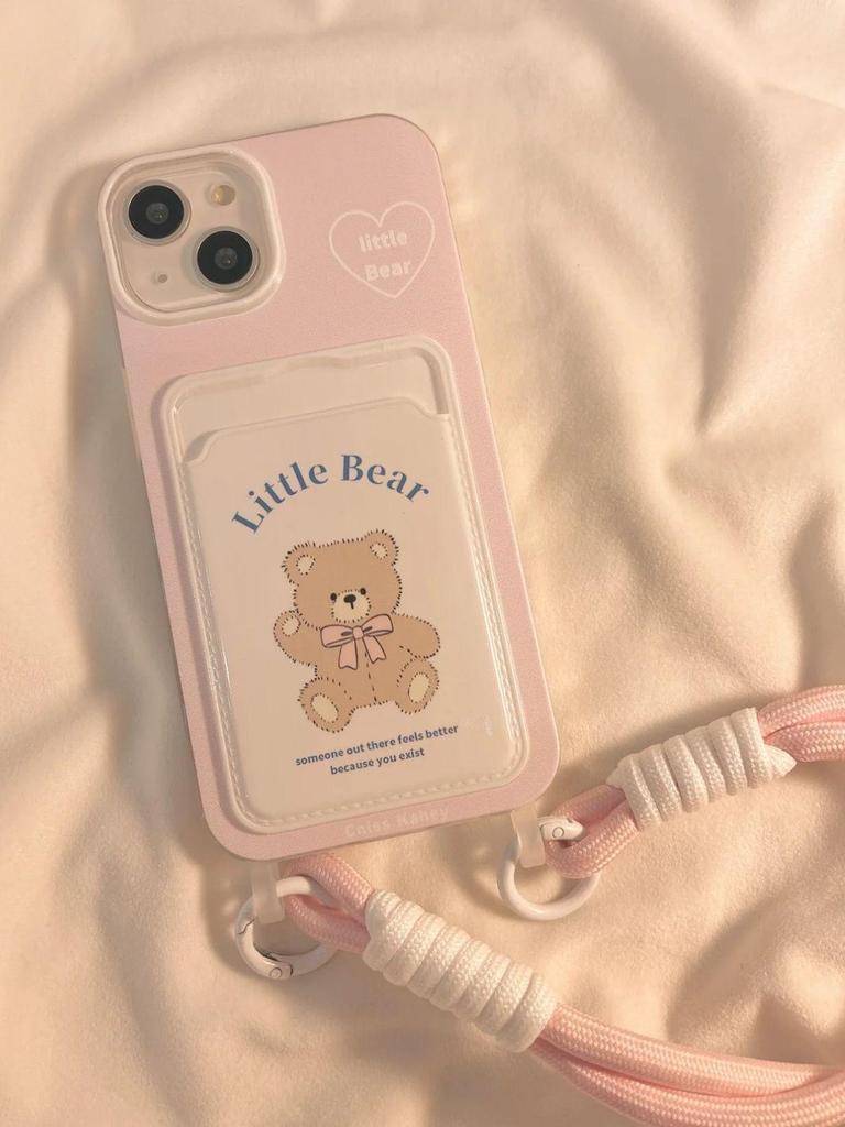 Søtt Bjørnedukke-kortholderdeksel med snor til iPhone 11/12/13 Pro Max/14