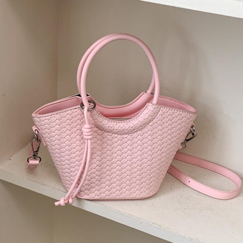 Woven Texture Mini Tote Bag with Round Handle and Detachable Strap