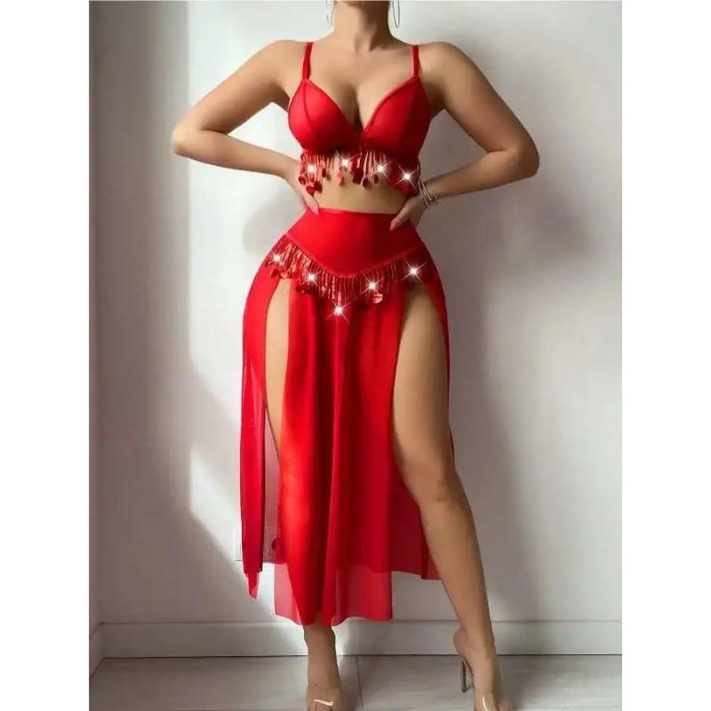 Erotic Sexy Transparent Solid Color Sequin Skirt Set Backless Deep V Suspenders Sleeveless Skirt Sets Charming Elegant Beautiful