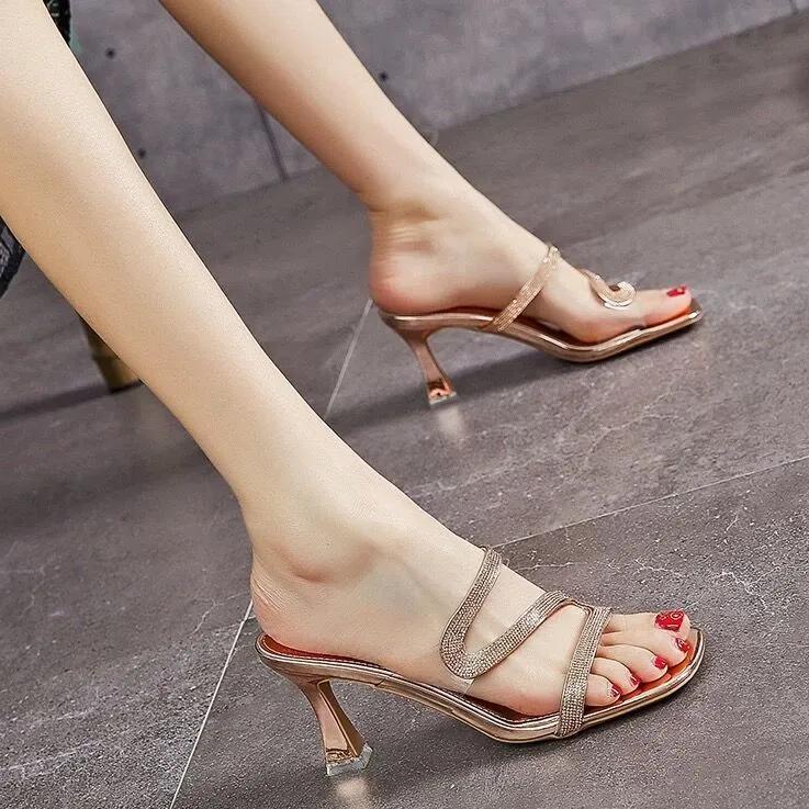 High-end crystal transparent thick high heels women's spring new women's shoes with skirts with French sandals