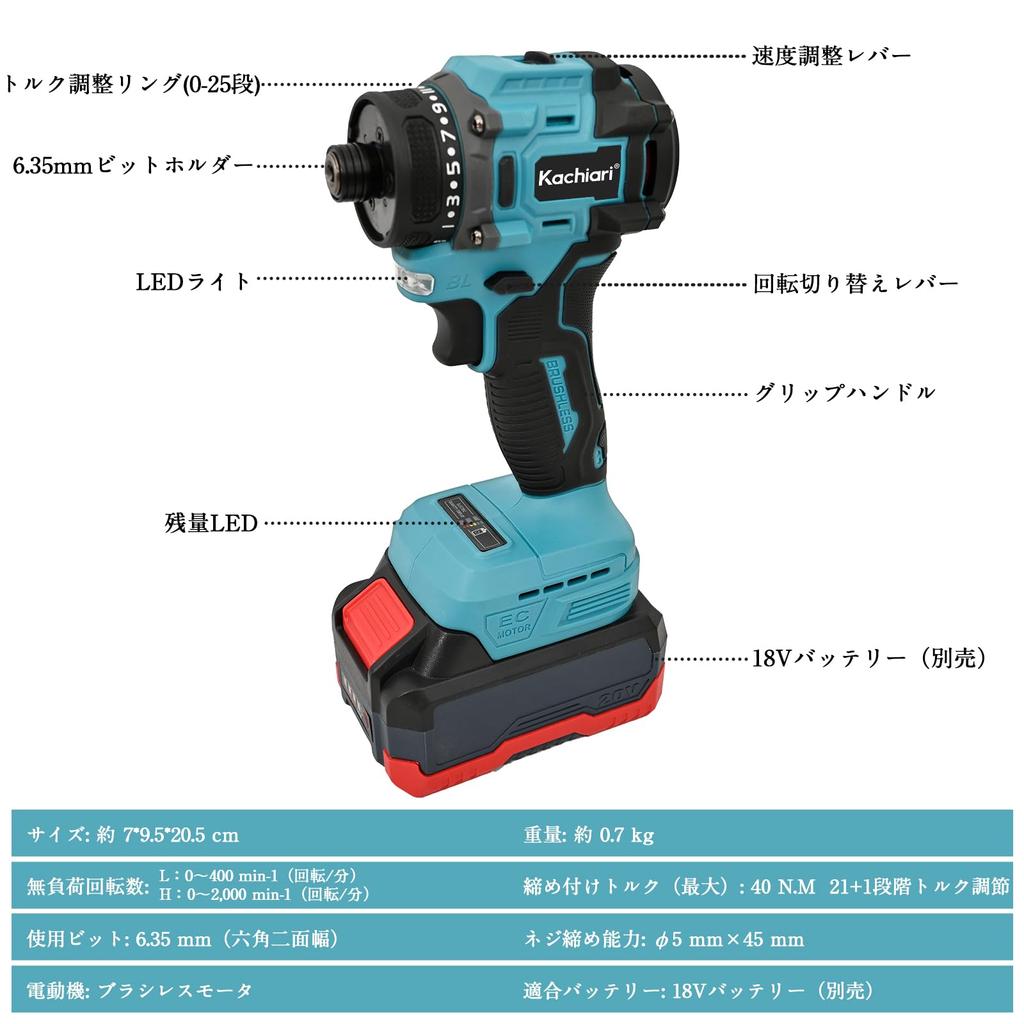 Kachiari Rechargeable Screwdriver 18V Steps Torque Adjustment Speed Adjustment Function Switching Electric Drill Driver with Brushless Motor for Screw