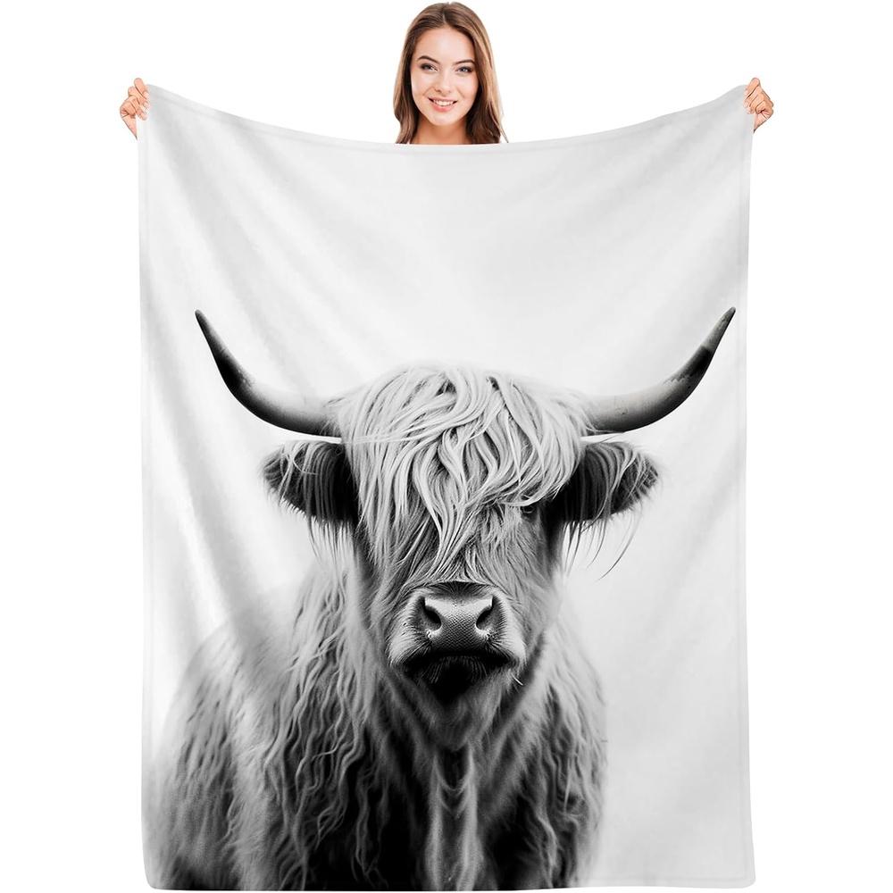 SARA NELL Highland Cow Blanket - Scottish Highland Cow Plaid-like Portrait with Horns, 280gsm Heavyweight Flannel All-Season Sof 75X95CM