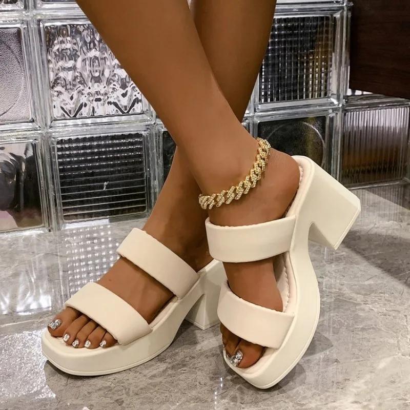 Punk Style Chunky High Heels Platform Sandals Women Open Toe Slip On Stretch Ankle Strap Summer Shoes Female Zapatos Mujer 41 42