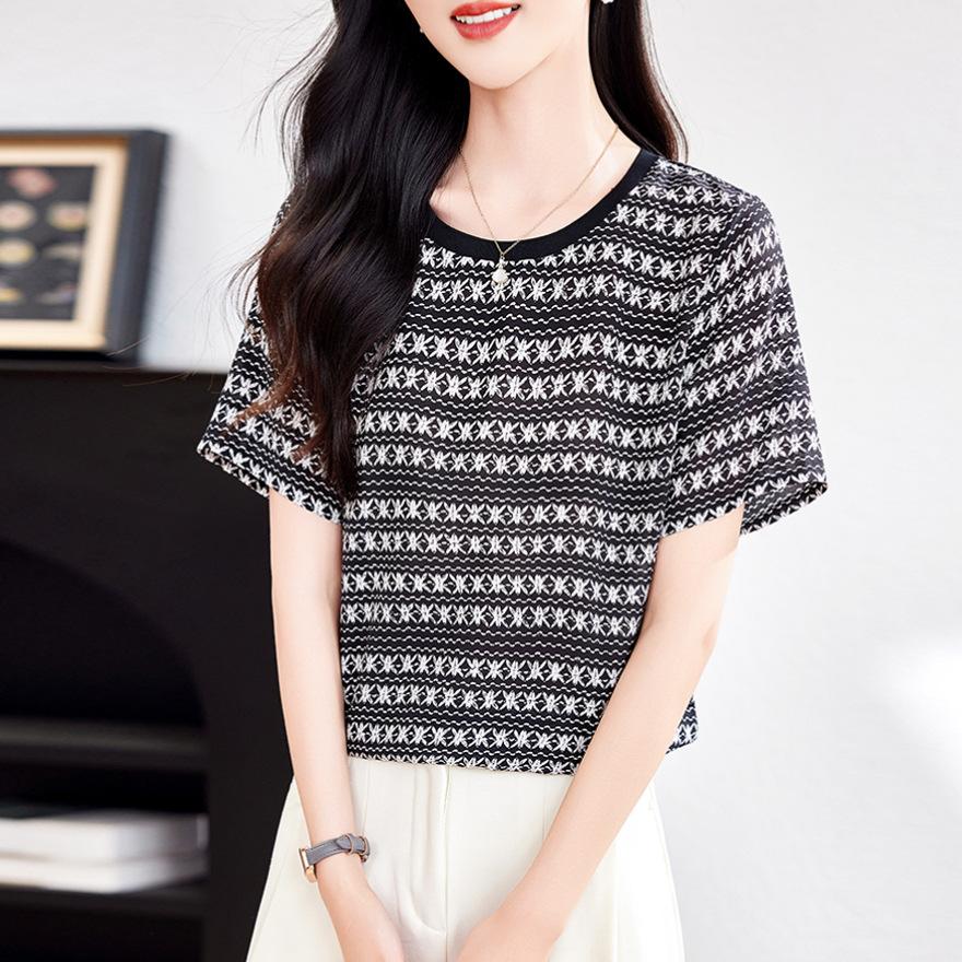 

Модный шелковый топ с принтом, женская короткая летняя новая темпераментная тонкая футболка из тутового шелка 3XL