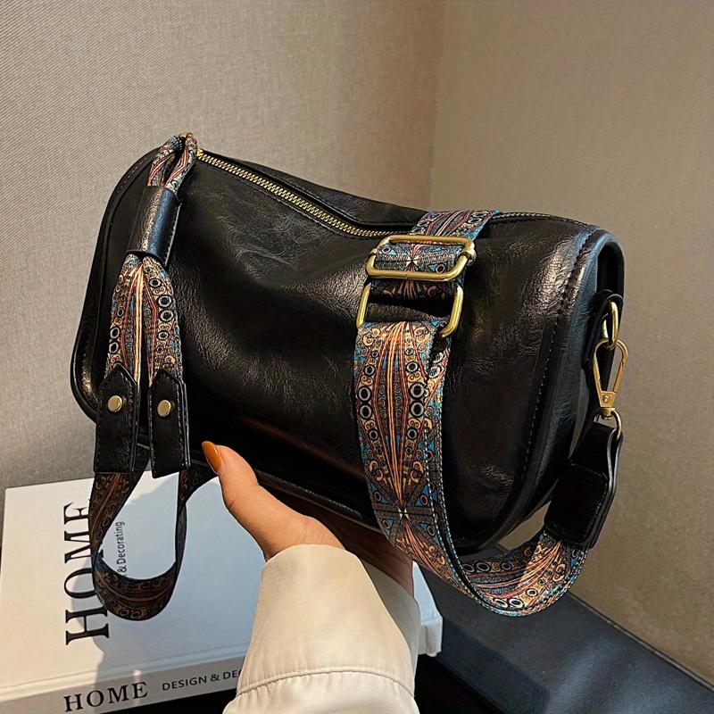 Graphic Pattern Zipper Crossbody Bag, Stylish Shoulder Bag With Wide Strap, Large Capacity Daily Purse