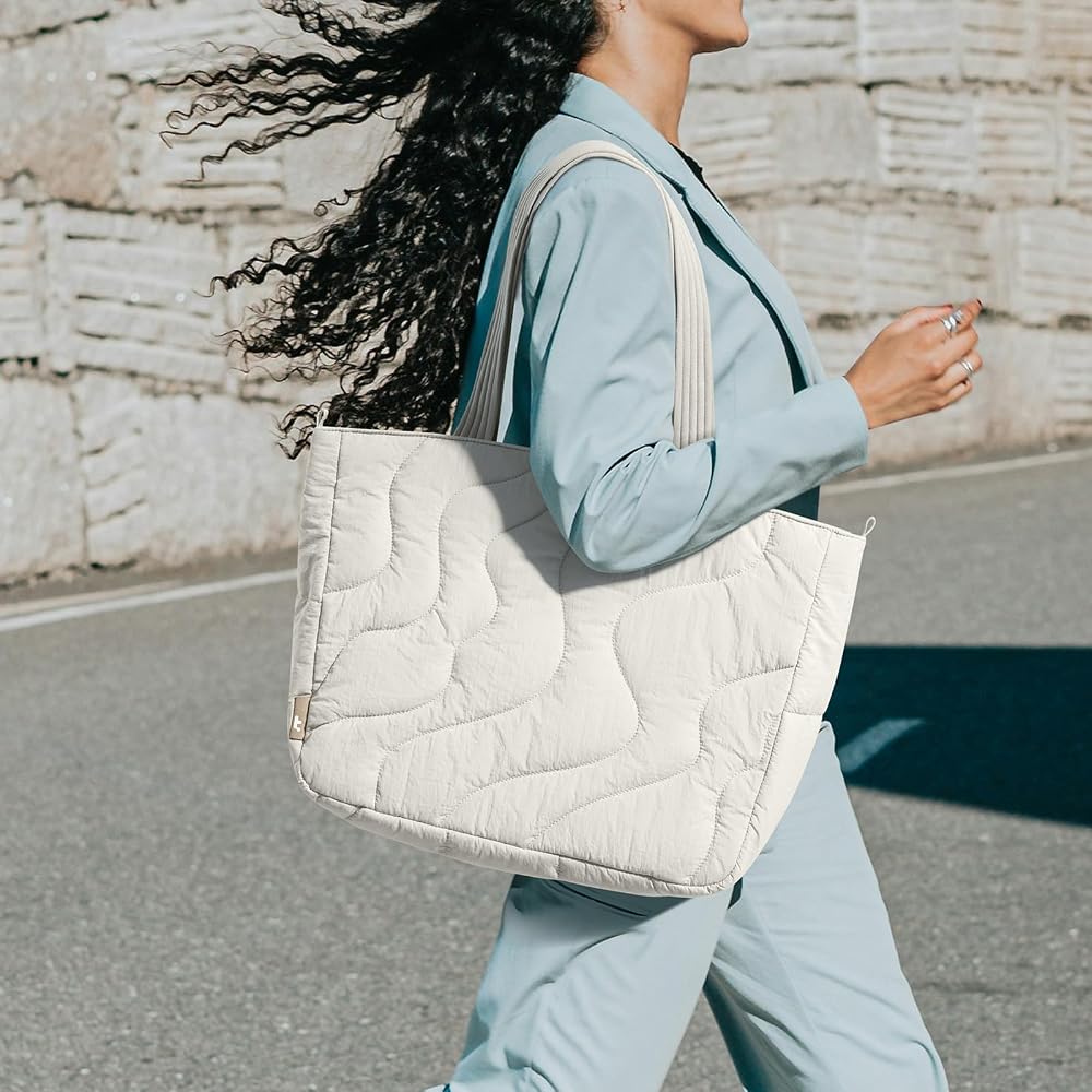 tomtoc Fluffy Tote Bag, Large Capacity, Lightweight Shoulder Bag, Fits 15-16 Inch MacBook, A4 Size, Soft Quilted Bag, Shoulder Bag, Water Repellent,