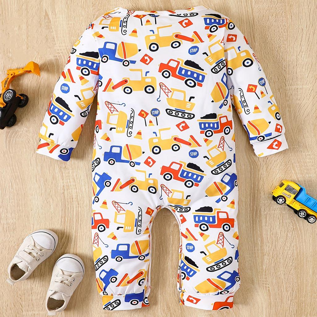 Infant Baby Boy Cute Cartoon Truck Full Print Bodysuit Comfy Long Sleeve Romper