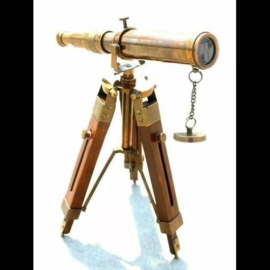 Antique Finish Nautical Spyglass Telescope With Wooden Brown Tripod Stand