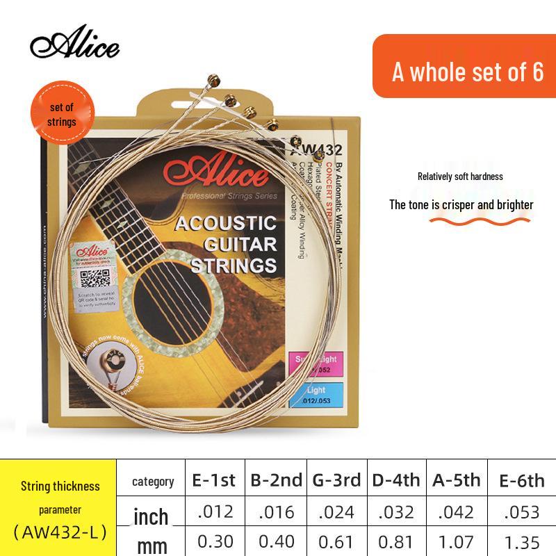 Corde per Chitarra Acustica Alice Folk - Set Completo da 6 (Corde 1ª, 2ª, 3ª come Singole)