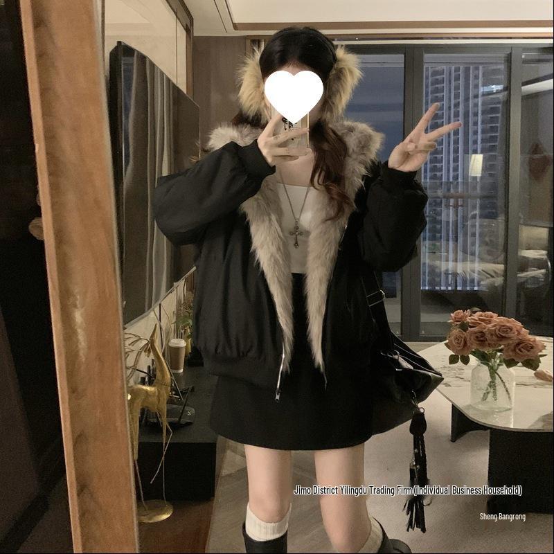 American Retro Fur Collar Hooded Short Workwear Jacket for Women - Thickened Plush for Autumn & Winter