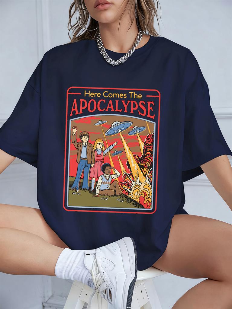 Here Comes The Apocalypse Ufo Prints TShirts Womens Summer Cotton Short Sleeve Tops Loose ONeck Soft T Shirt Street Clothes