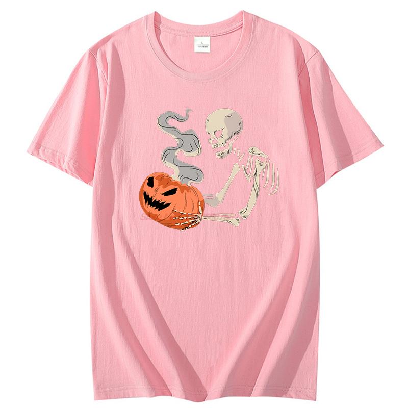 Skeleton With Pumpkin Head Funny Graphic T Shirts Halloween Breathable Printing Tees Tops Summer Cotton Casual Oneck T Shirt